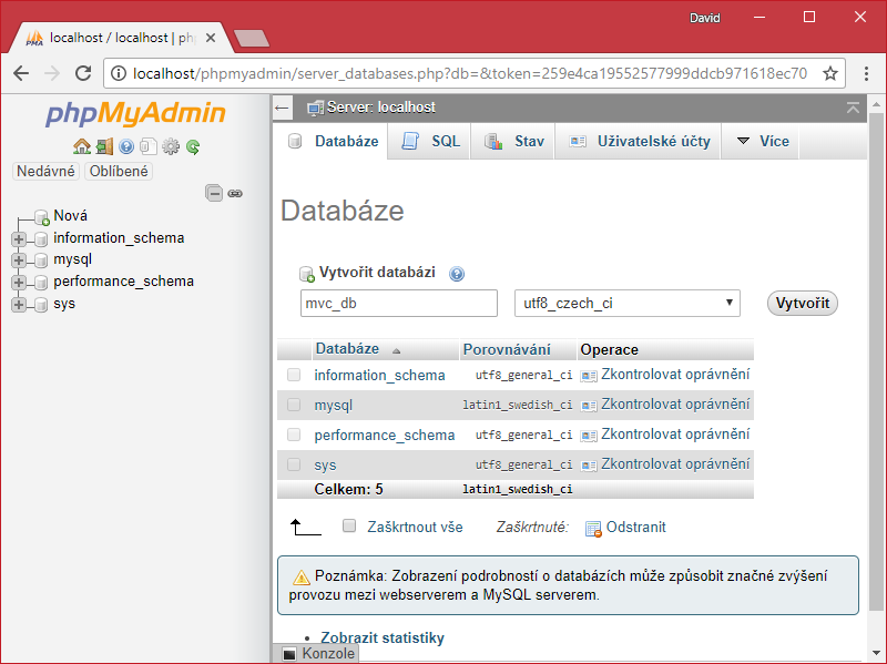 Vytvorenie databázy v phpMyAdmin - Jednoduchý redakčný systém v PHP objektovo (MVC)