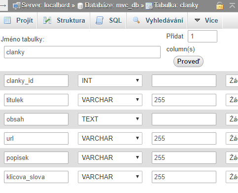 Vytvorenie tabuľky článkov v phpMyAdmin - Jednoduchý redakčný systém v PHP objektovo (MVC)