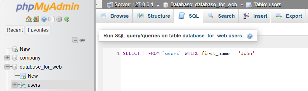 Ukážka SQL dotazu v phpMyAdmin - MySQL databázy krok za krokom