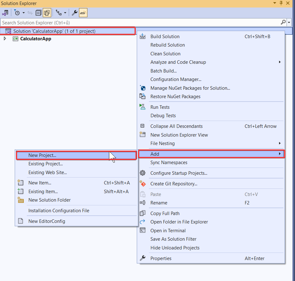 Přidání projektu do řešení - Testovanie v C# .NET