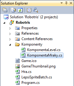 Solution explorer XNA hry Robotris - Od nuly k tetrisu v MonoGame