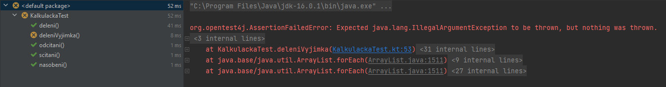 Neúspešný výsledok testu v IntelliJ - Testovanie v Kotlin
