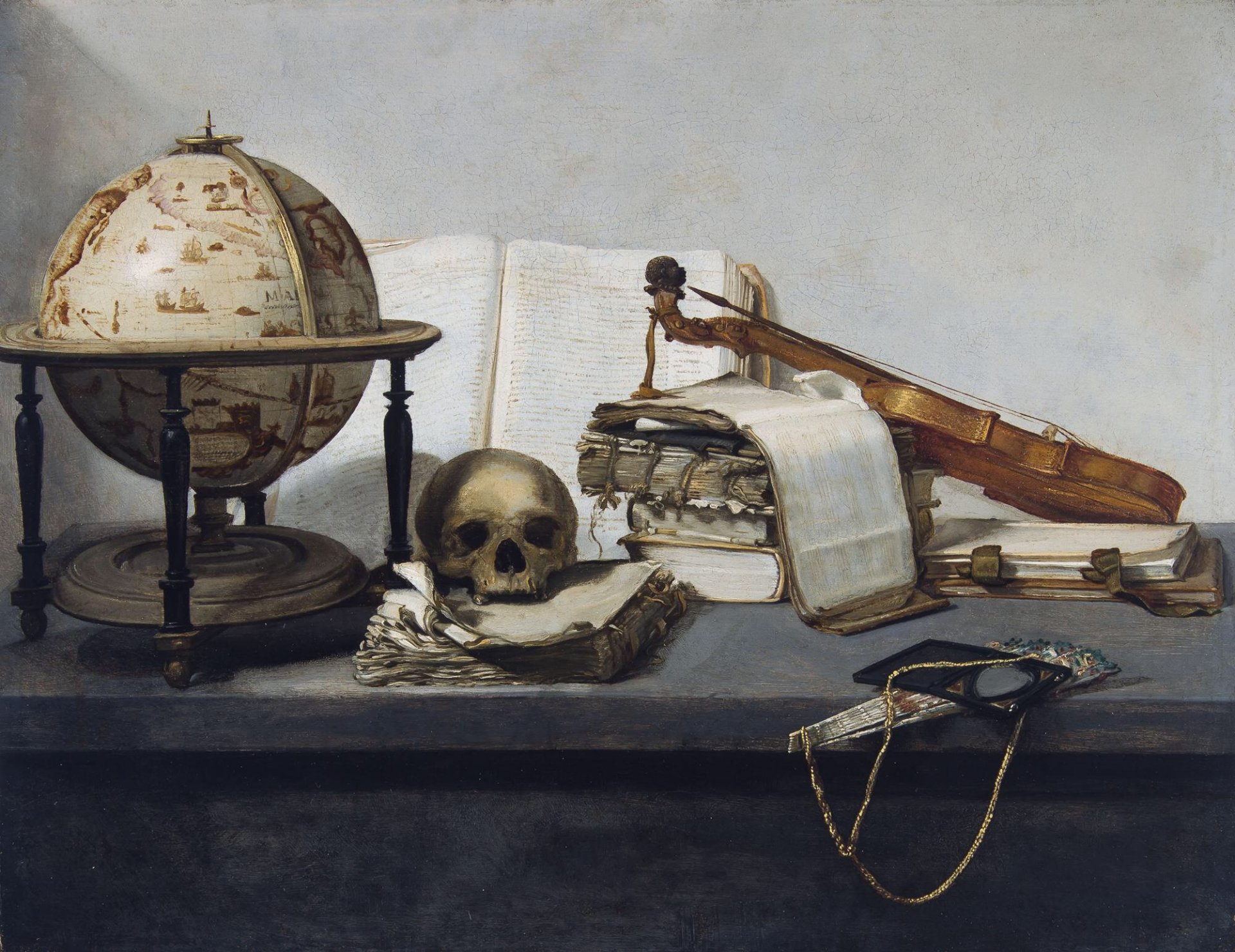 Vanitas – zátišie s knihami, glóbusom, lebkou, husľami a vejárom, 1650 - Fotografovanie pre začiatočníkov