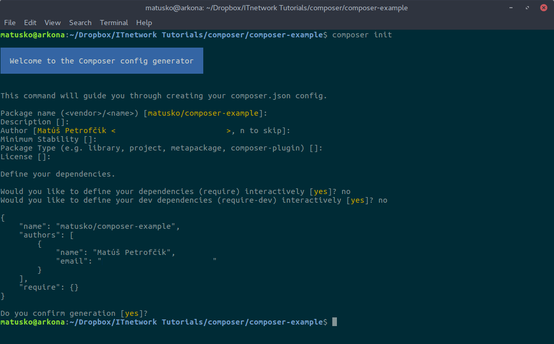 Príkaz v termináli – composer init - Ostatné tutoriály v PHP