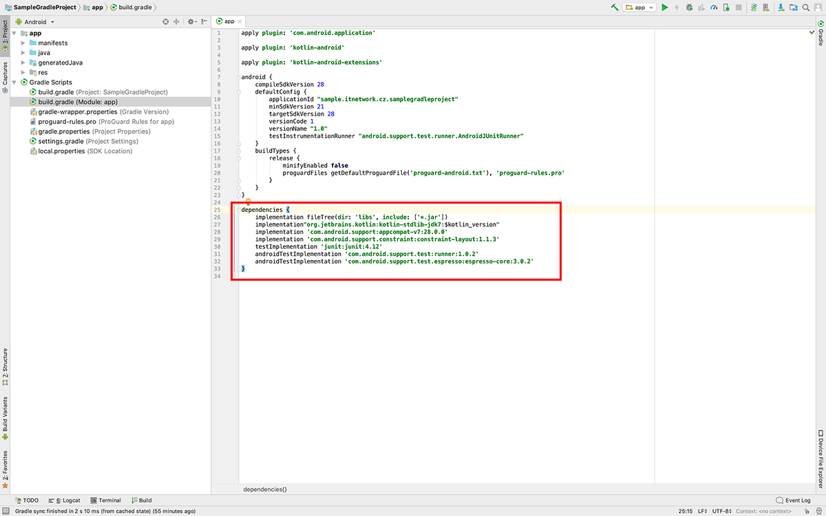 Grádl súbor v Android Studio – Dependencies - Tvorba mobilných aplikácií pre Android v Kotlin