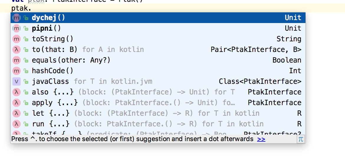 Metódy vtáka s rozhraním PtakInterface - Objektovo orientované programovanie v Kotlin