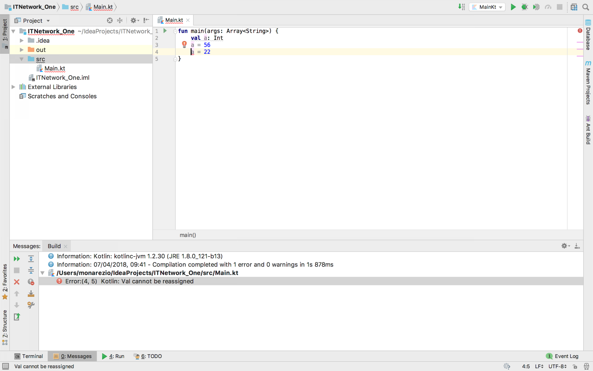 Chyba pri zmene val premennej v Kotlin - Základné konštrukcie jazyka Kotlin