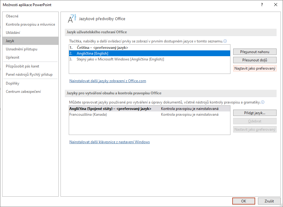 nastavenie jazyka - Základy Microsoft PowerPoint