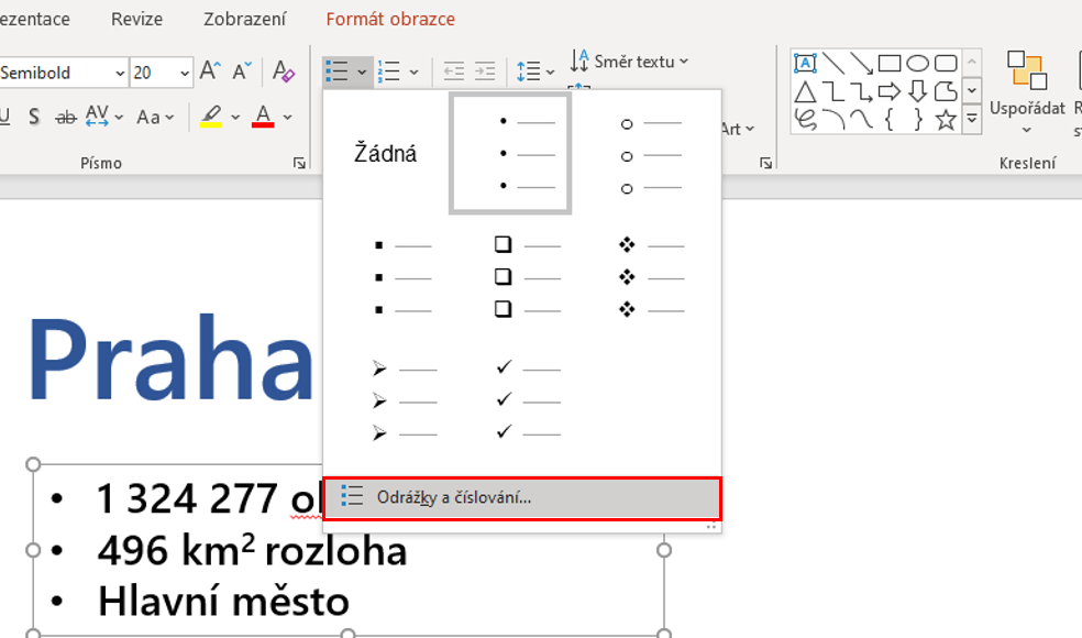 Výber Odrážky a číslovanie - Základy Microsoft PowerPoint