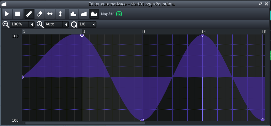 Takto vyzerá křivkovitý priebeh, použitý k automatizácii panoráma - Tvorba hudby v LMMS