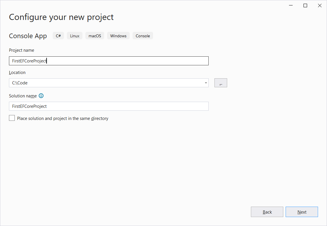 Výber názvu a umiestnenie projektu - Entity Framework Core v C# .NET