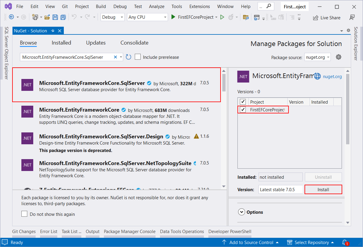 Inštalácia balíčka cez NuGet Package Manger - Entity Framework Core v C# .NET