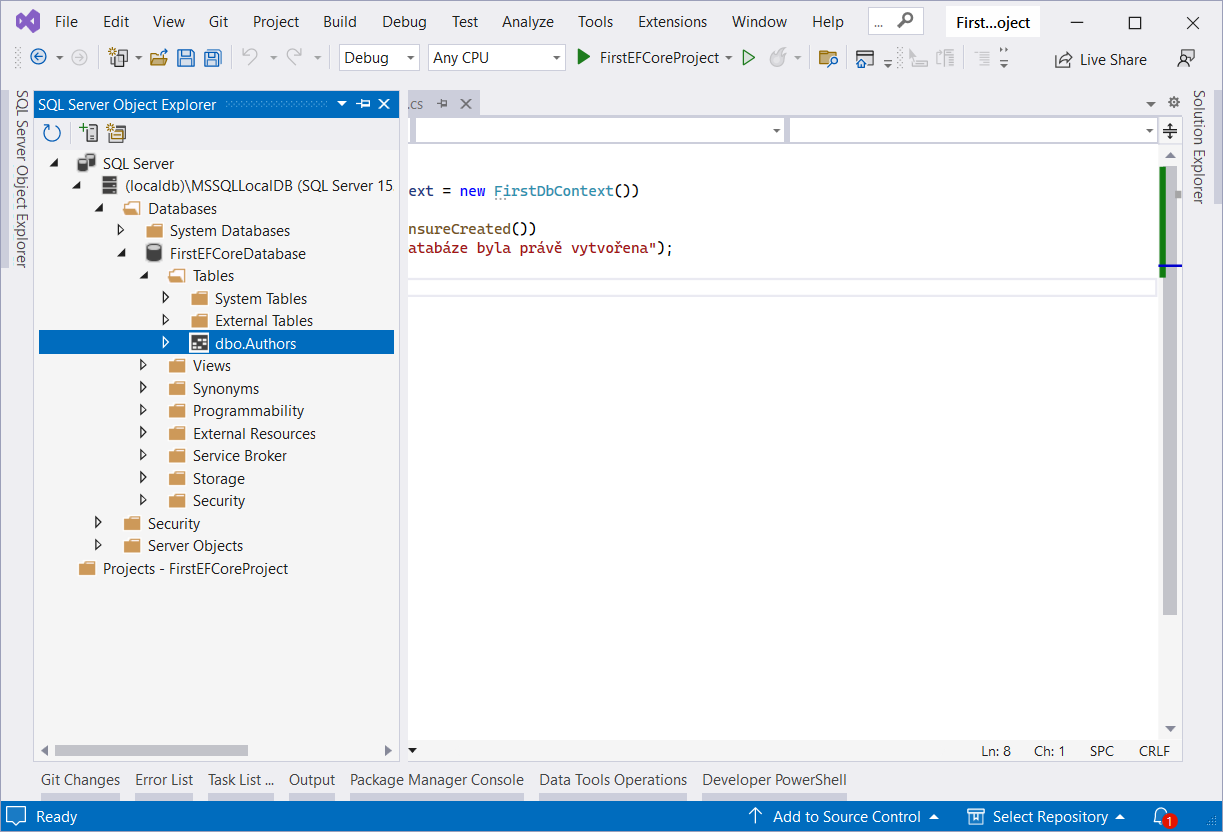 SQL Sever Object Explorer - Entity Framework Core v C# .NET