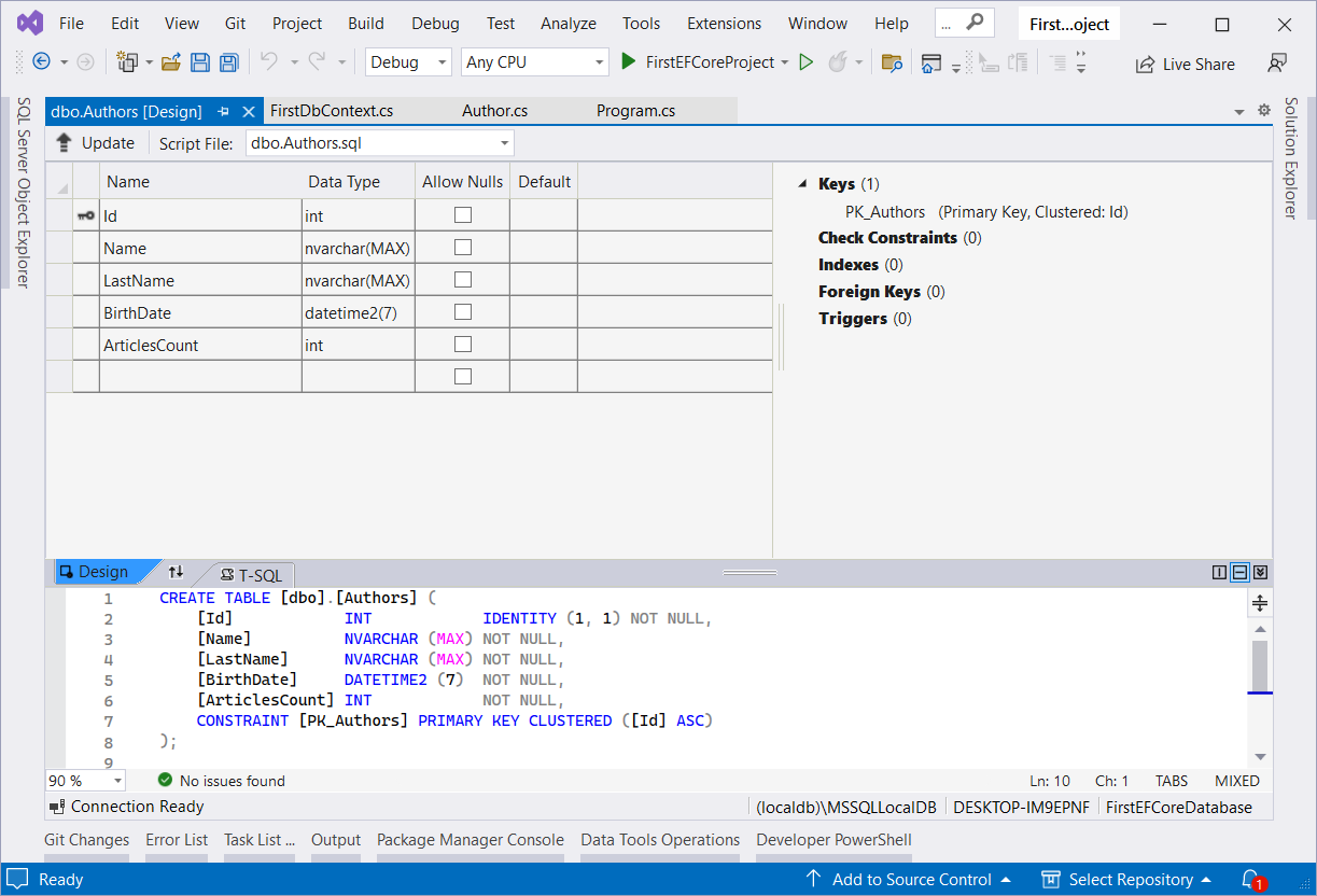 Definícia tabuľky Authors - Entity Framework Core v C# .NET