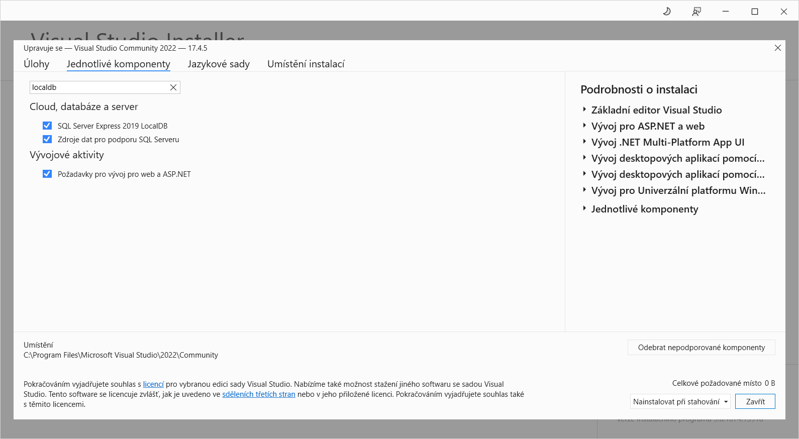 Komponent LocalDB - Entity Framework Core v C# .NET