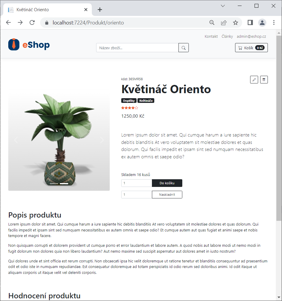 Stránka produktu z pohľadu administrátora - E-shop v ASP.NET Core MVC - Základ