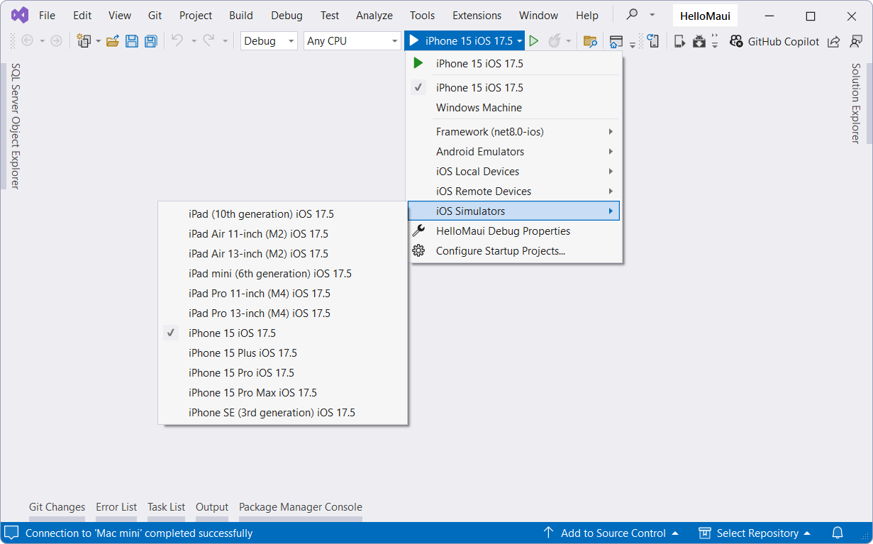 Výber iOS simulátora vo Visual Studio - .NET MAUI - Multiplatformné aplikácie v C# .NET - .NET MAUI - Multiplatformné aplikácie v C# .NET