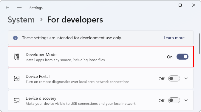 Povolenie vývojárskeho režimu - .NET MAUI - Multiplatformné aplikácie v C# .NET - .NET MAUI - Multiplatformné aplikácie v C# .NET