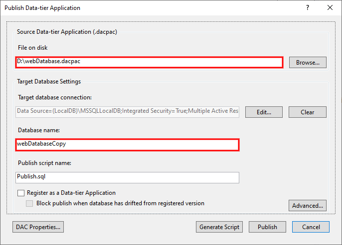 Publish Data-tier Application dialóg - MS-SQL databázy krok za krokom