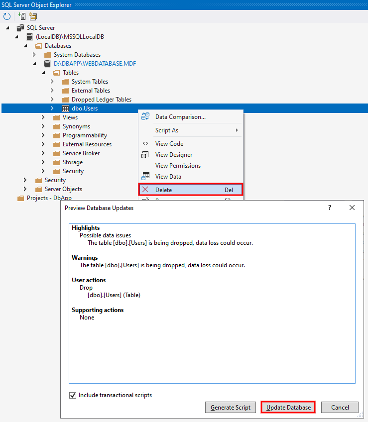 Vymazanie tabuľky - MS-SQL databázy krok za krokom