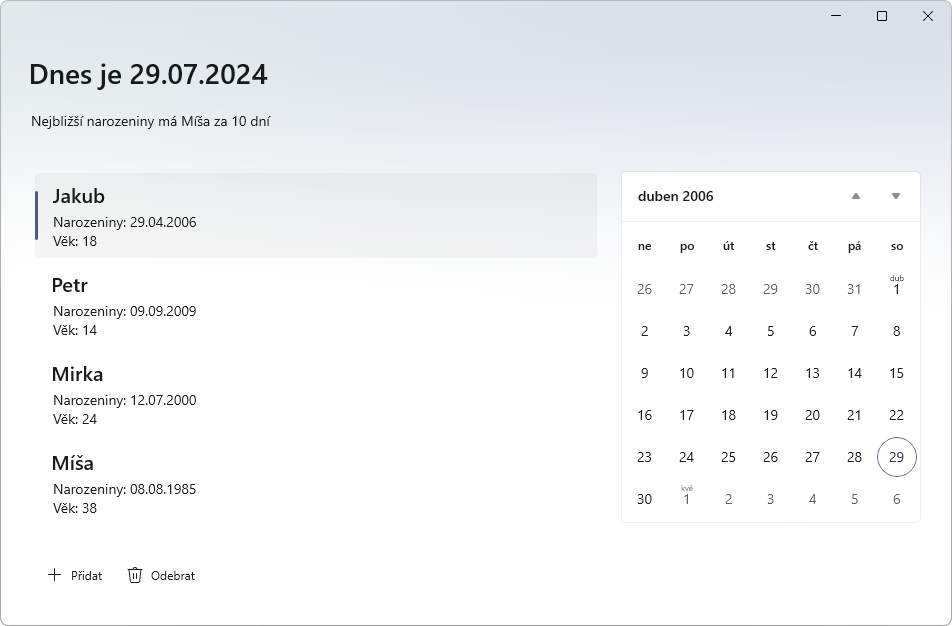 Upomínač narodenín - WinUI 3 - Okenné aplikácie v C# .NET - WinUI 3 - Okenné aplikácie v C# .NET