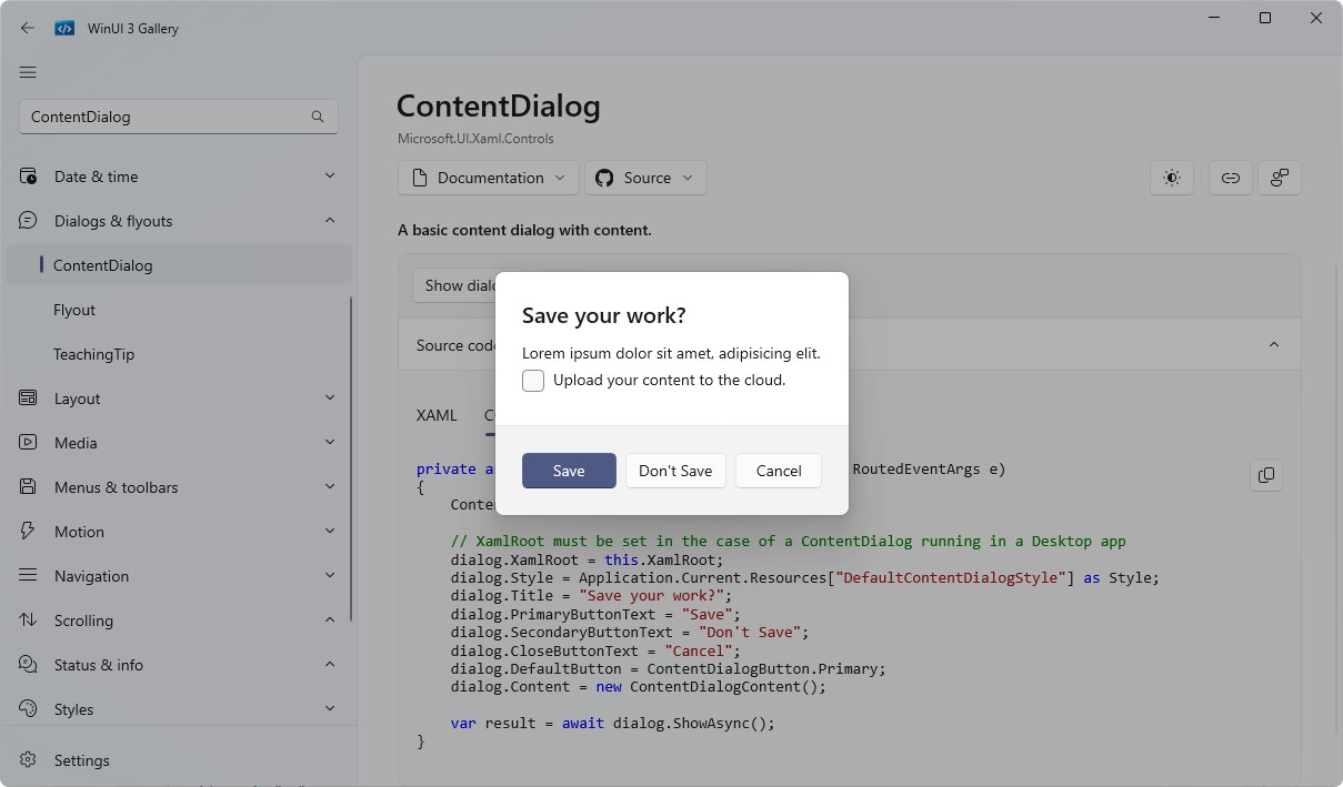 ContentDialog vo WinUI 3 Gallery - WinUI 3 - Okenné aplikácie v C# .NET - WinUI 3 - Okenné aplikácie v C# .NET