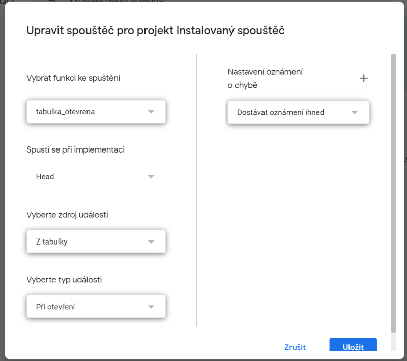 Založenie nového spúšťače - Google API