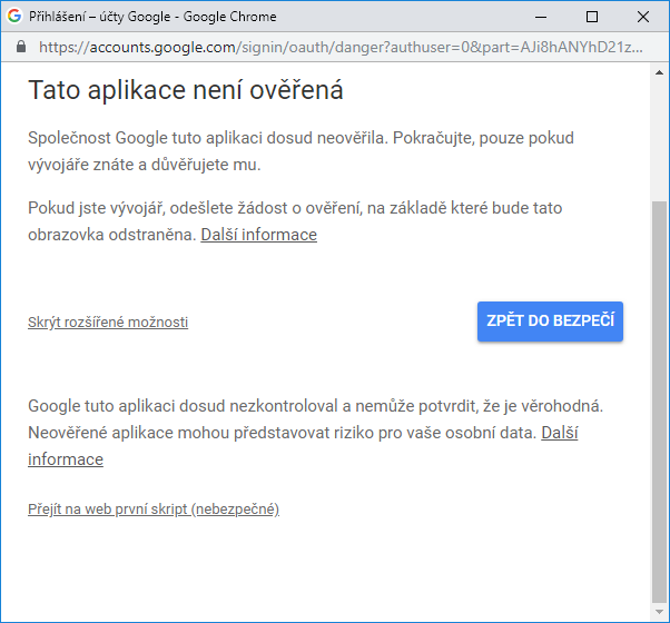 Ďalší krok pri autorizácii skriptu. - Google API