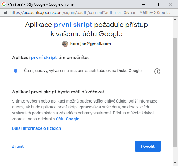 Prehľad práv pri autorizácii skriptu. - Google API