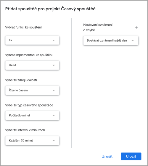 Nastavenie časového spúšťače v Google Apps Script - Google API