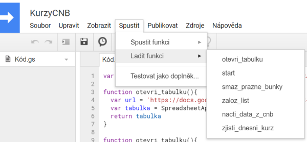 Zoznam funkcií Apps Script na spustenie - Google API