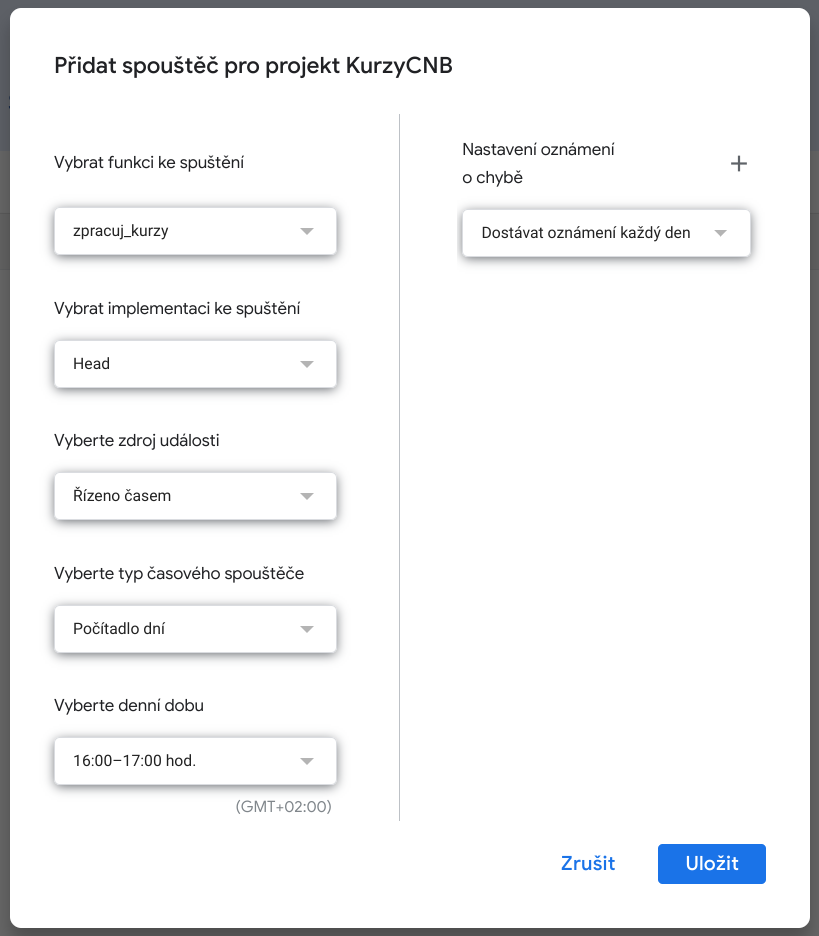 Vytvorenie spúšťače v Google Apps Script - Google API