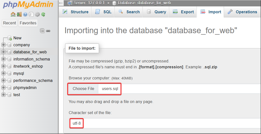Otvorenie záložky pre import v phpMyAdmin - MySQL databázy krok za krokom