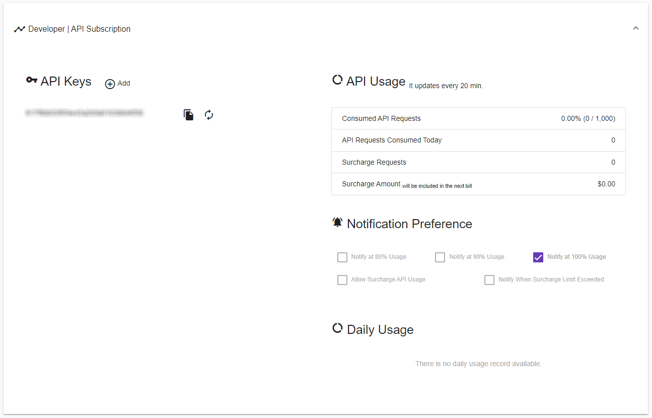 Dashboard vašej registrácie s API kľúčom - Sieť vo VB .NET