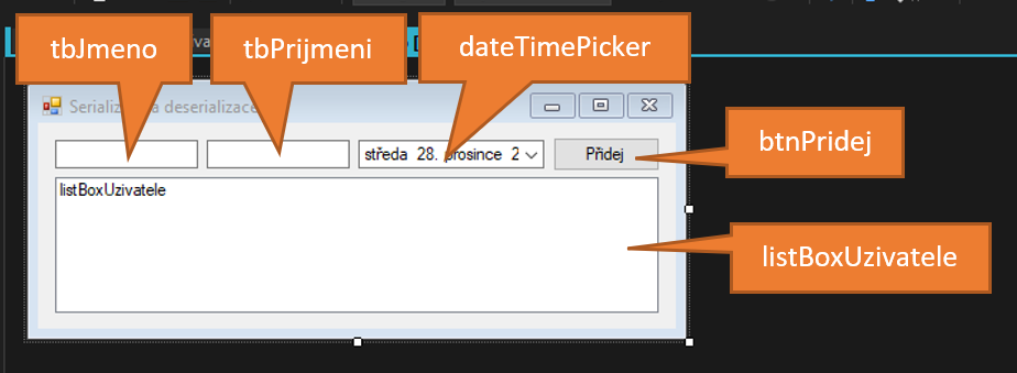 Pomenovanie komponentov ukážkovej aplikácie na serializáciu vo Visual Studio - Súbory a sieť vo Visual Basic .NET
