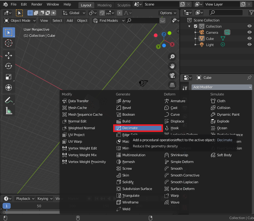 Tu nájdeme modifikátor decimate - Základy Blenderu