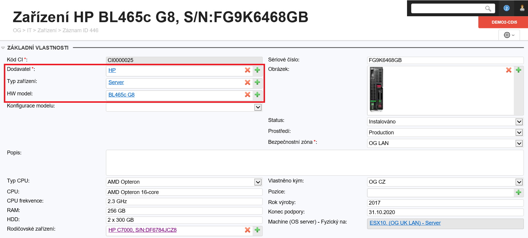 Obrázok 3: Informácie o hardware vrátane preklikov na server, ktorý na ňom beží. - Konfiguračnej databázy (CMDB)