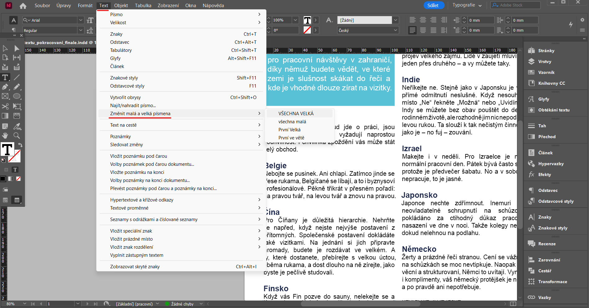 veľké písmená - Pokročilá tvorba v Adobe InDesign