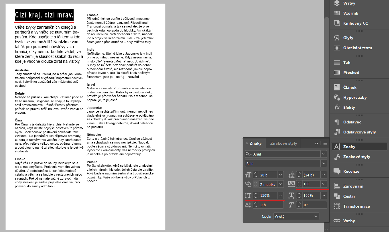 Úpravy nadpisu - Pokročilá tvorba v Adobe InDesign