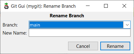 Okienko premenovania vetvy - Git